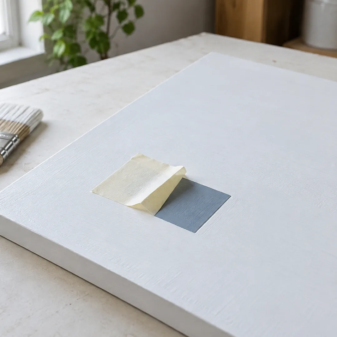 Partly peeled masking tape reveals a grey-blue square beneath the white paint on a wooden panel.