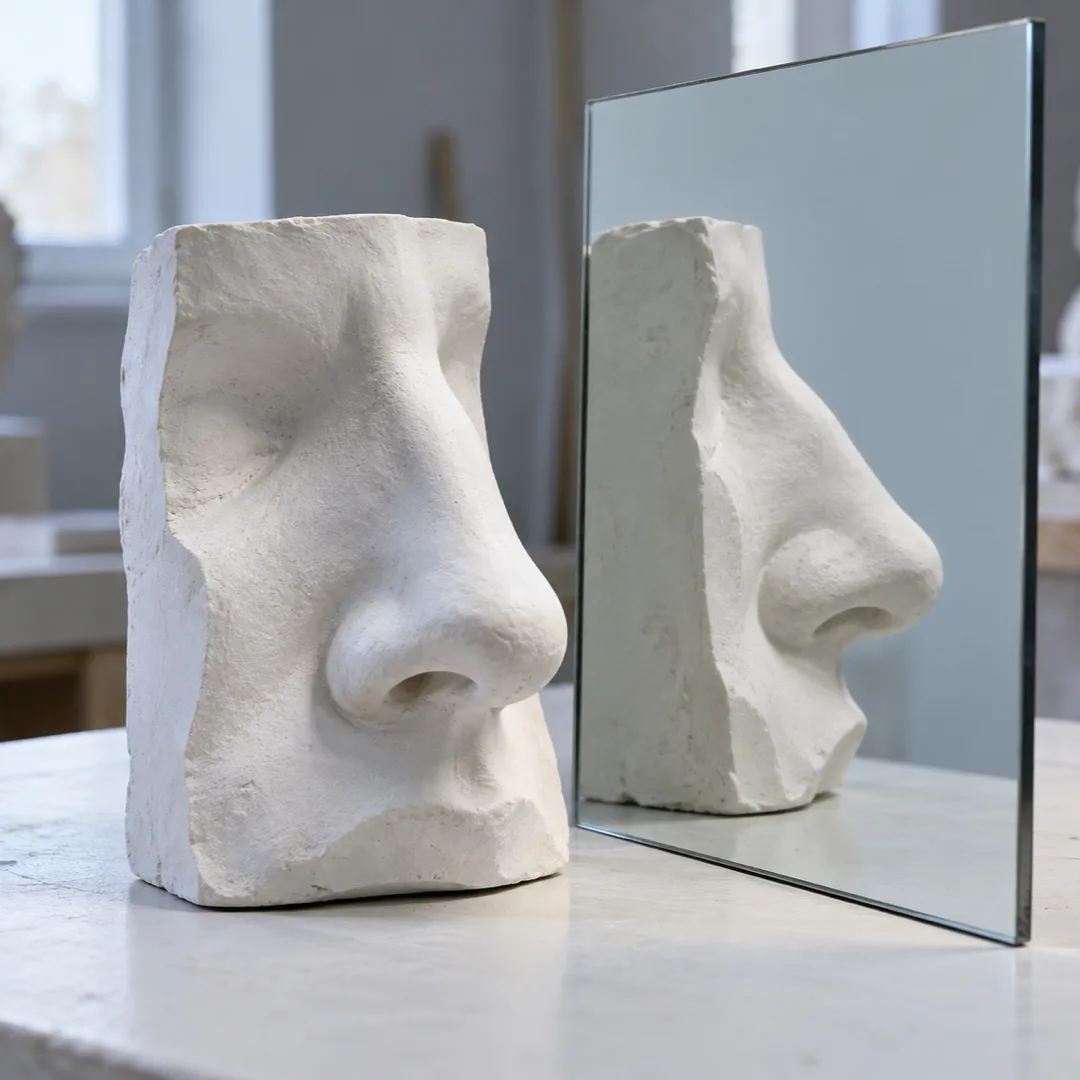 A white plaster nose sculpture sits beside a mirror that reflects its side profile.