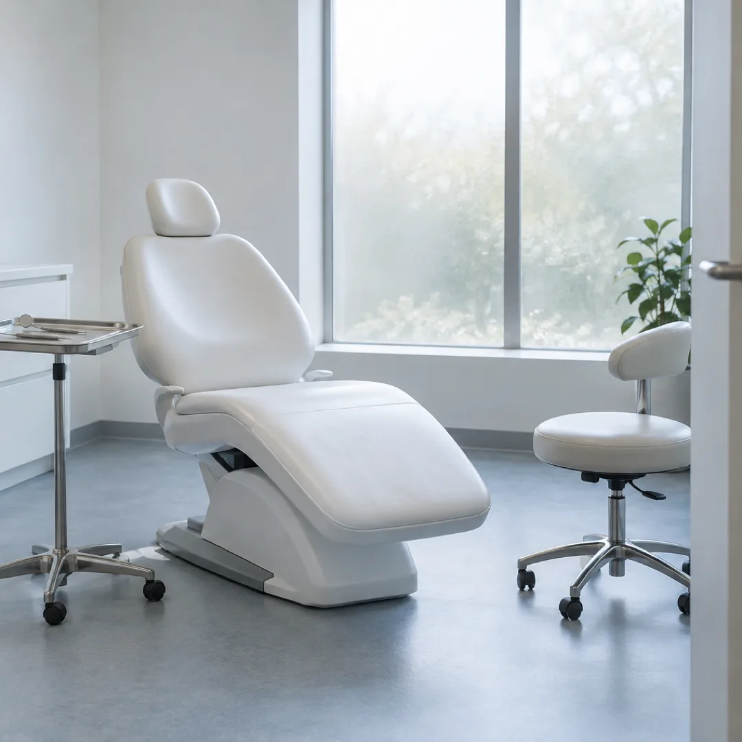A white reclining examination chair and a tray of dental instruments stand in a quiet, daylit clinic room.
