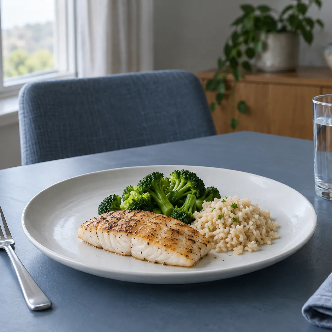 A plate of fish, broccoli and rice sits beside a glass of water on a blue table, with an empty chair nearby.