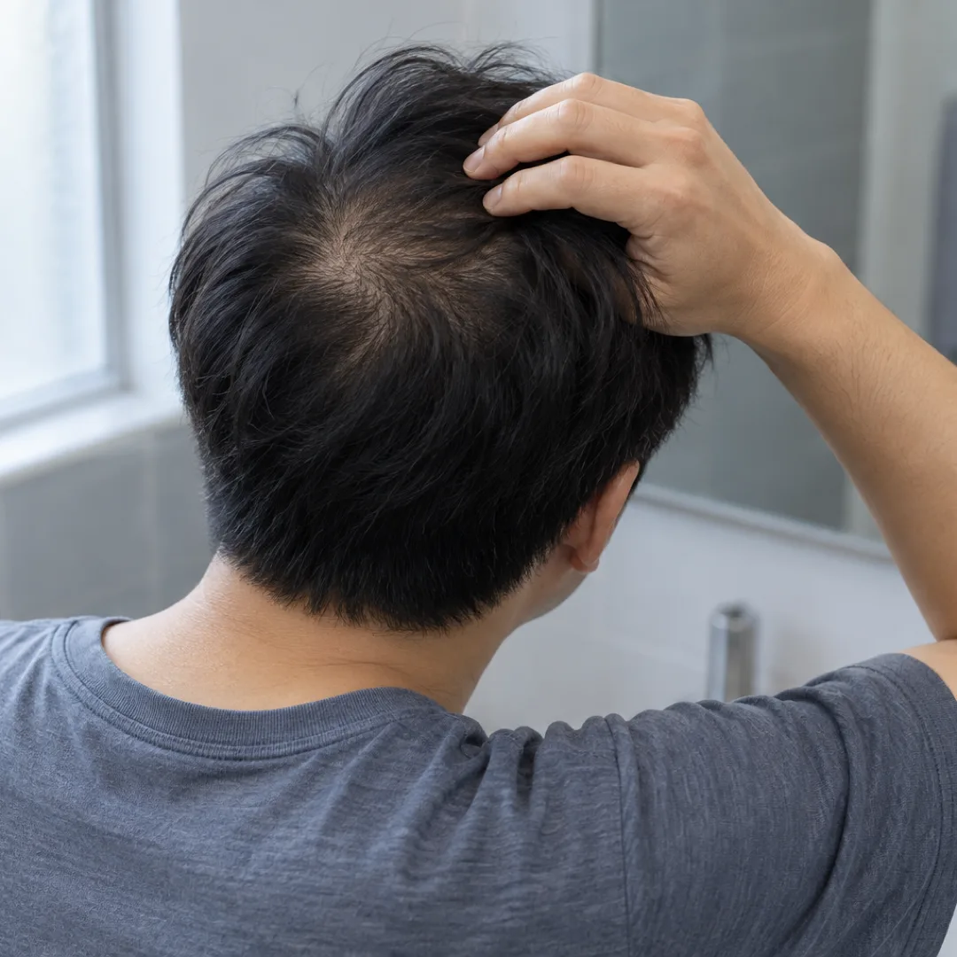 An adult seen from behind gently parts thinning hair at the crown in a cool grey-blue bathroom.