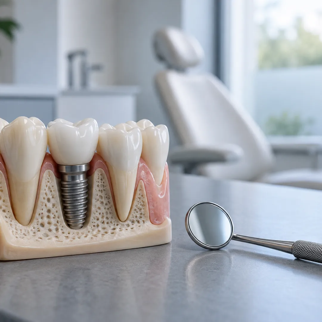 A dental implant demonstration model and a metal dental mirror sit on a grey-blue consultation counter.