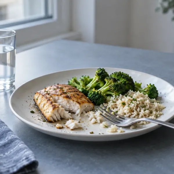 A fork rests on a white plate beside a partly eaten serving of fish, broccoli and rice on a grey-blue table.