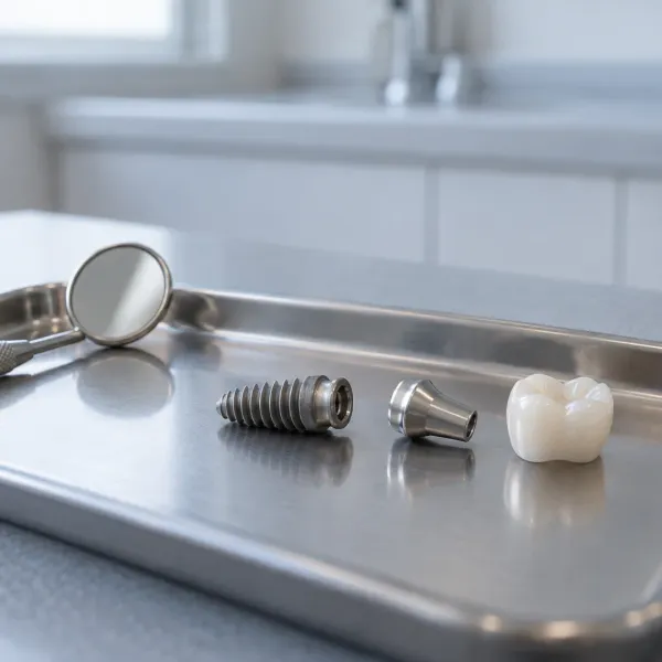 A titanium dental implant, connecting abutment and white ceramic crown rest on a metal tray beside a dental mirror.