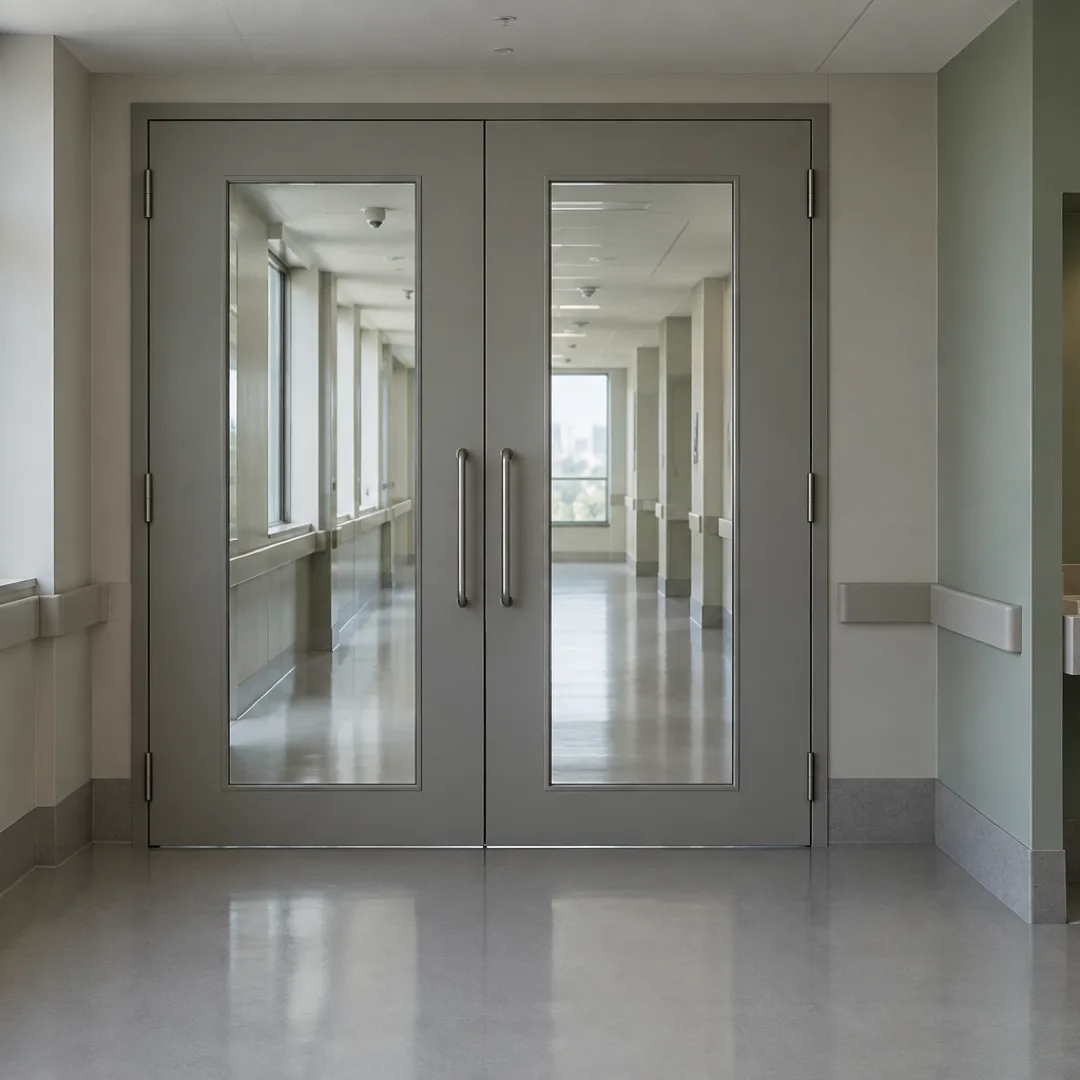 한국 병원의 병동 입구에 회색 문이 닫혀 있고, 옆 벽에는 작은 손 씻는 세면대가 있다.