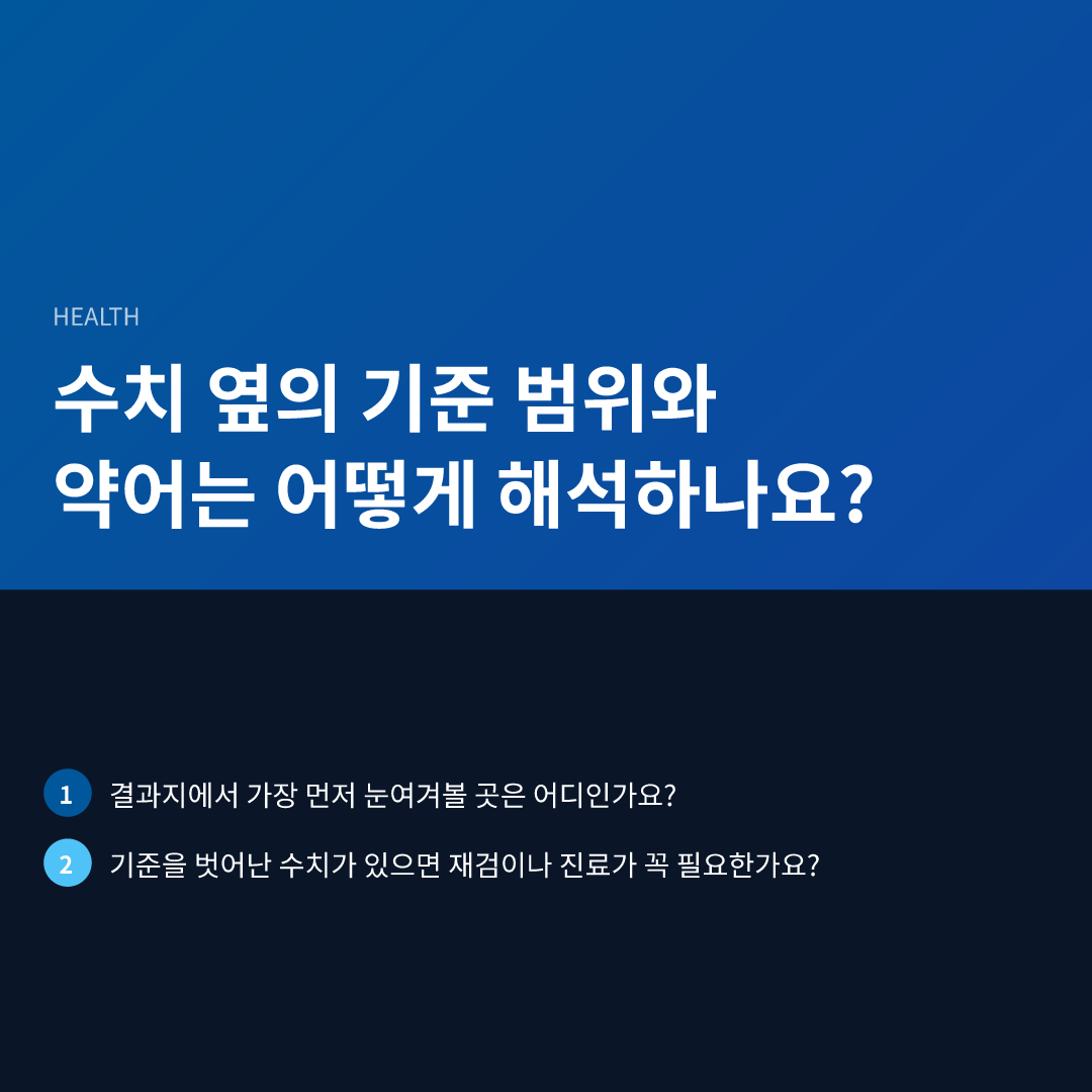 수치 옆의 기준 범위와 약어는 어떻게 해석하나요?