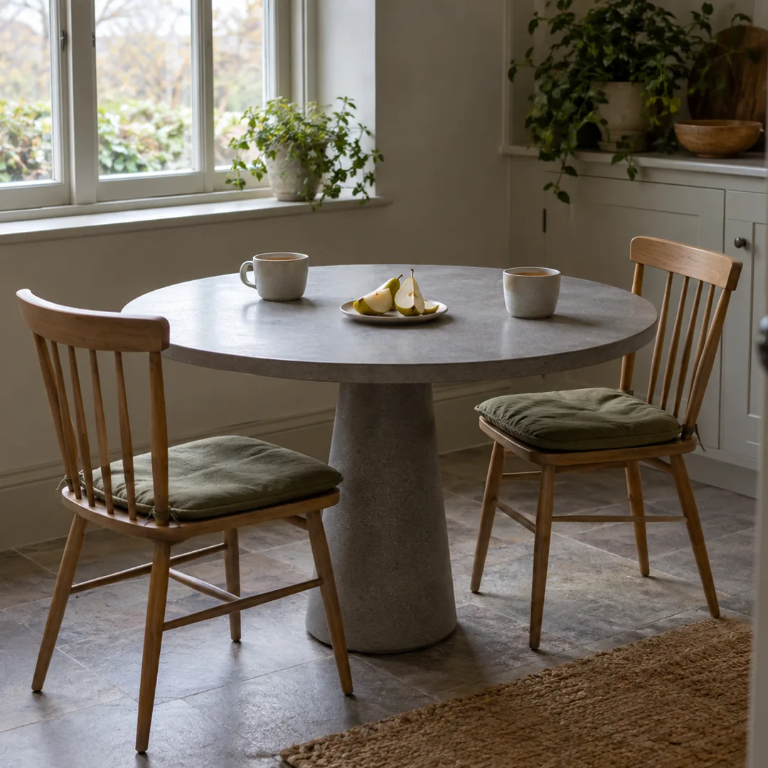 Two cups of tea and a plate of sliced pear sit on a grey table between two chairs in soft window light.