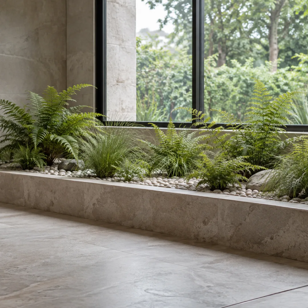 Ferns and grasses grow in a pale stone bed beside a courtyard window under soft, cloudy daylight.