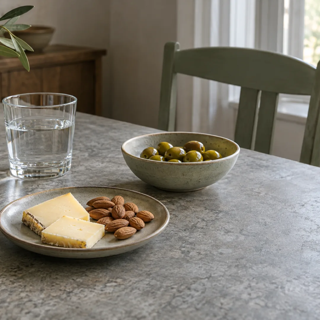 Cheese and almonds on a grey plate, with a bowl of green olives and a glass of water on a dining table.