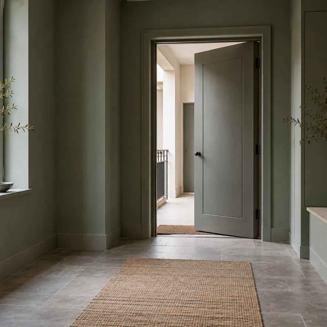 A sage-green entryway with a bench and an empty ceramic bowl beside a slightly open front door.