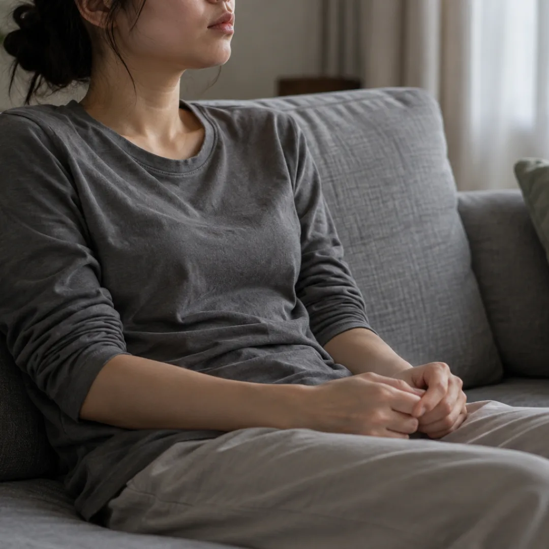 An adult sits against a grey sofa cushion with slightly raised shoulders and loosely clasped hands.