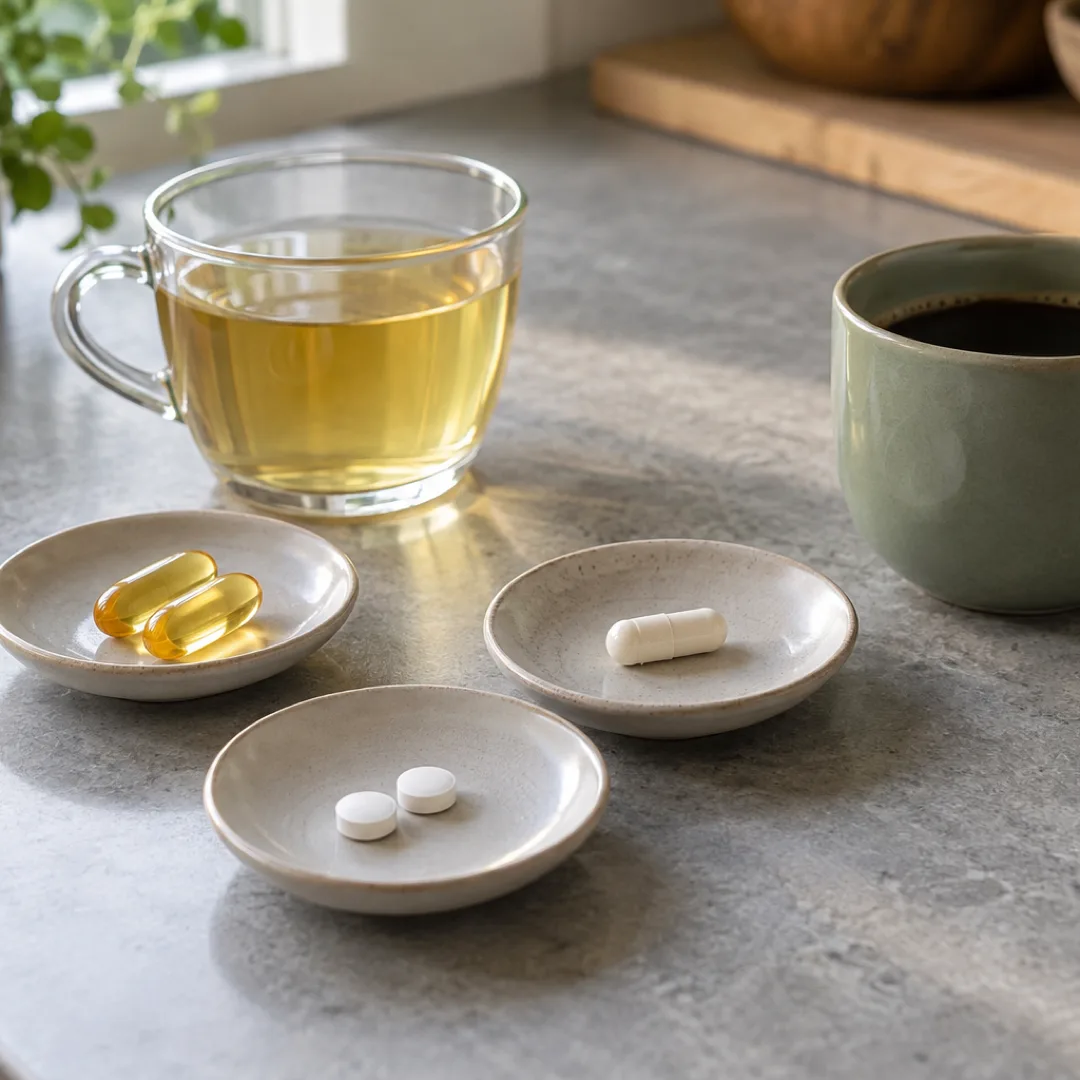 Separate ceramic saucers hold softgels, a capsule and tablets beside cups of herbal tea and black coffee.