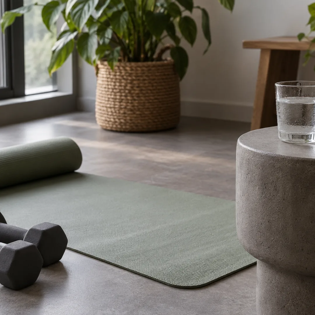 A glass of water and folded towel sit on a stool beside an exercise mat and dumbbells.