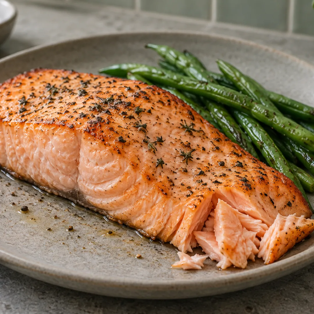 A cooked salmon fillet and green beans rest on a stone-gray plate on a kitchen counter.