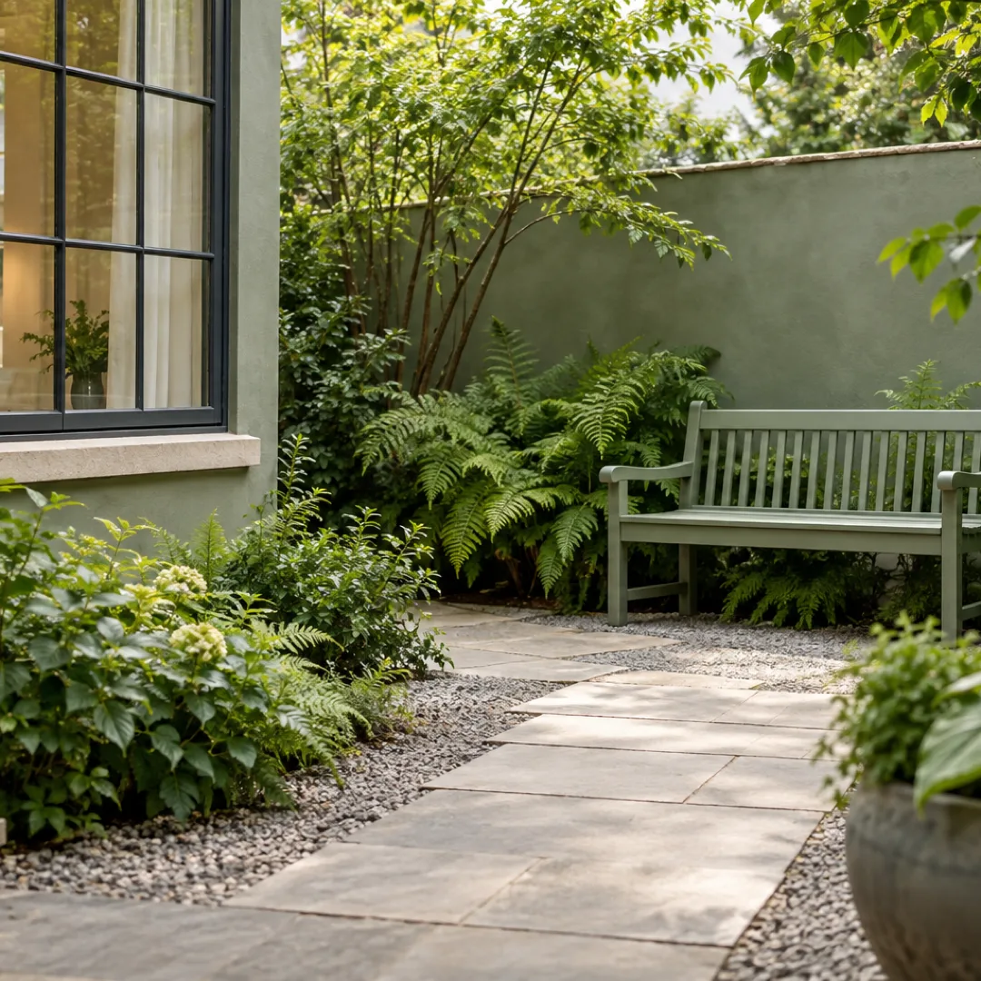 An empty sage-green bench sits beside ferns at the end of a short stone path in a quiet courtyard.