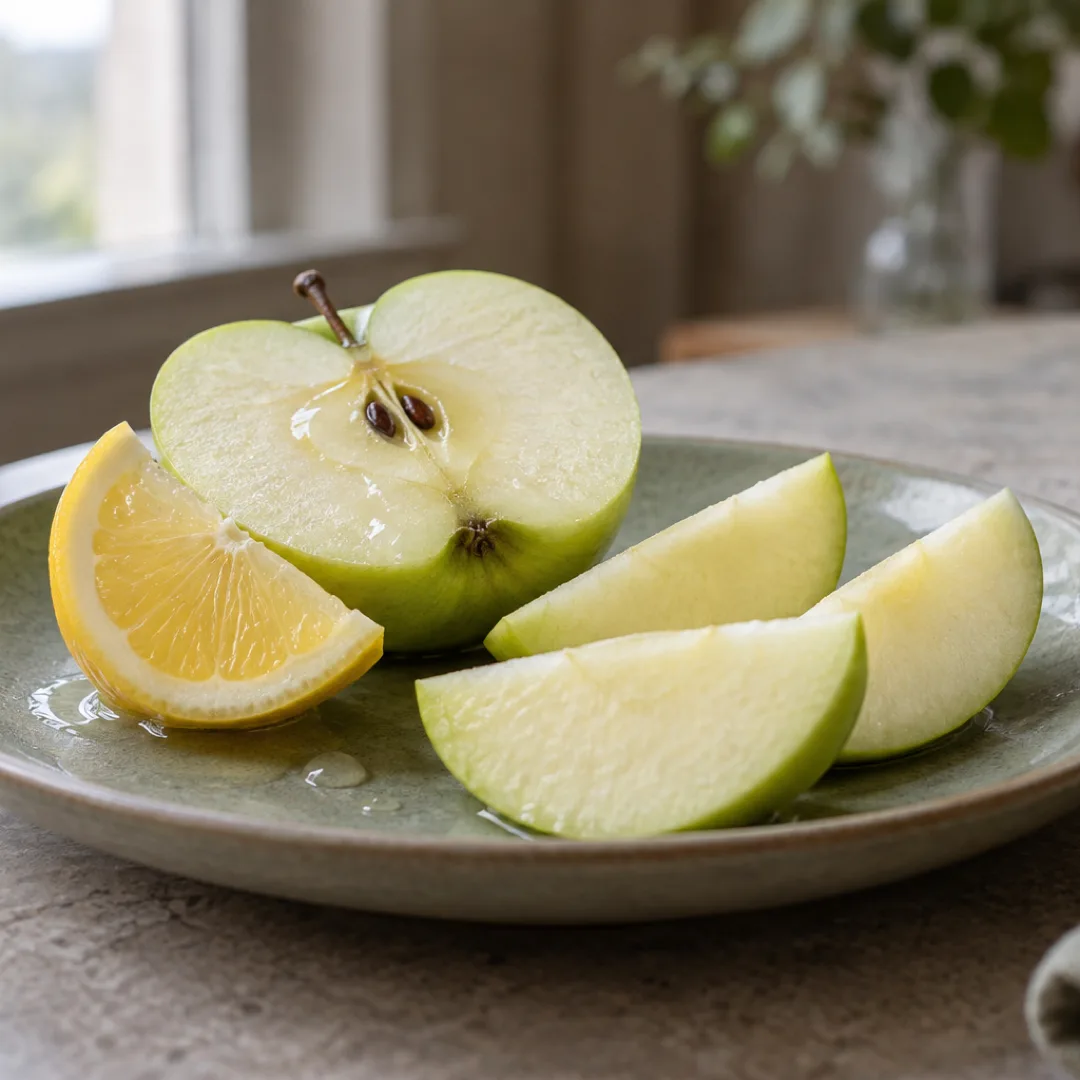 A freshly cut apple and a squeezed lemon wedge rest on a sage saucer beside a softly lit window.