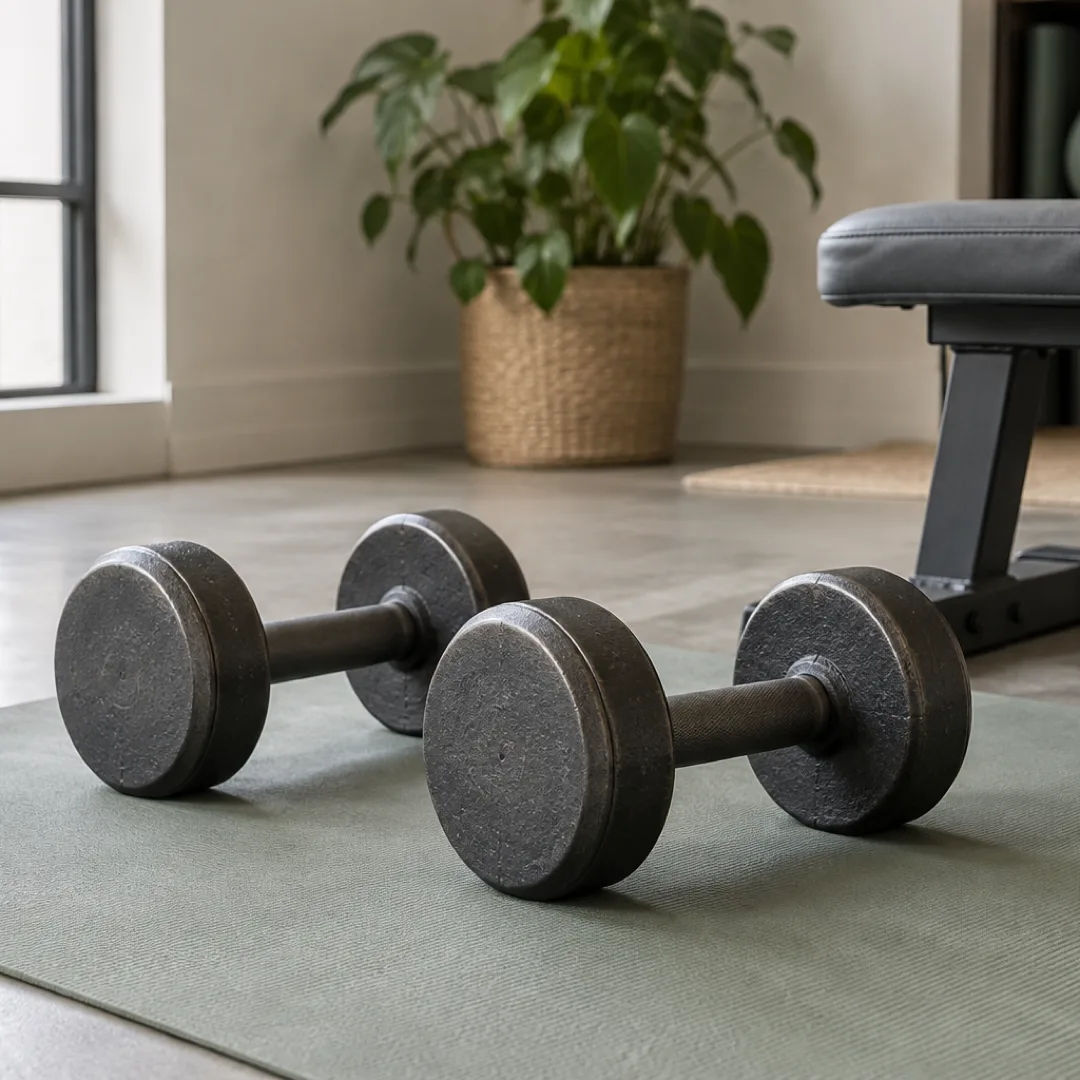 Two cast-iron dumbbells rest on a sage exercise mat beside a gray workout bench in soft window light.