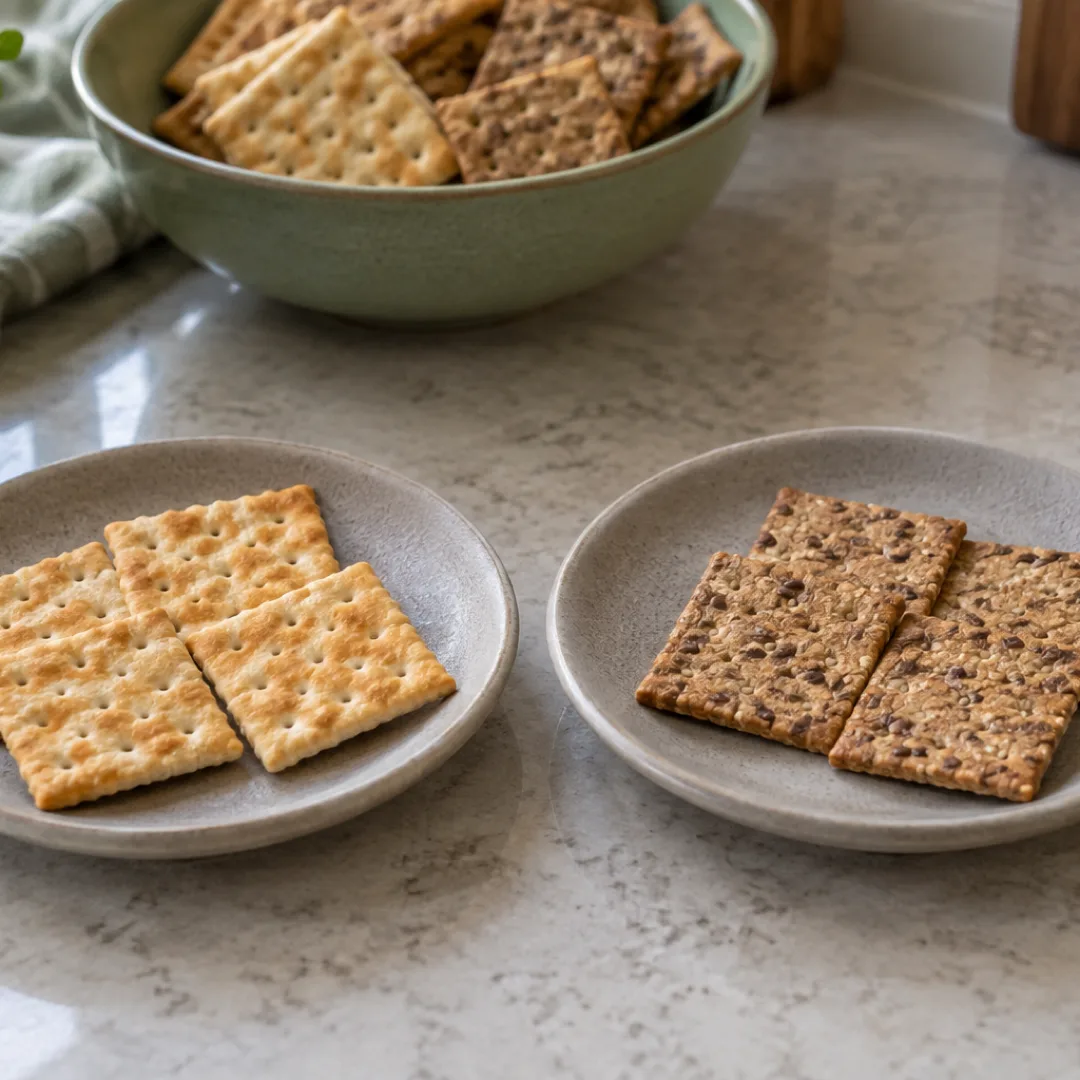 Two stone-gray dishes hold equal portions of pale and seeded crackers, with a sage-green bowl behind them.