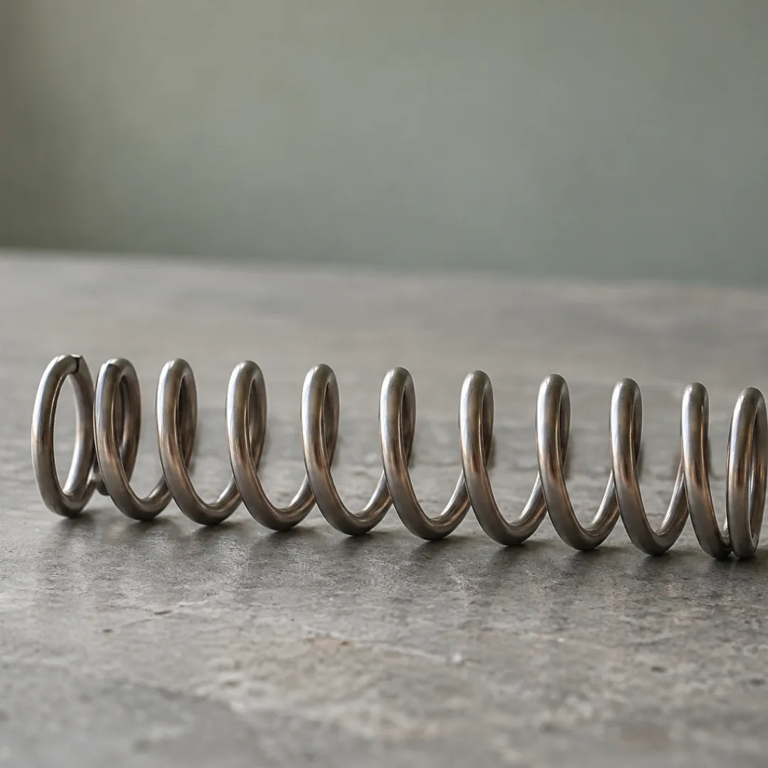 A steel spring rests on a stone-grey workbench, its evenly spaced coils catching soft window light.