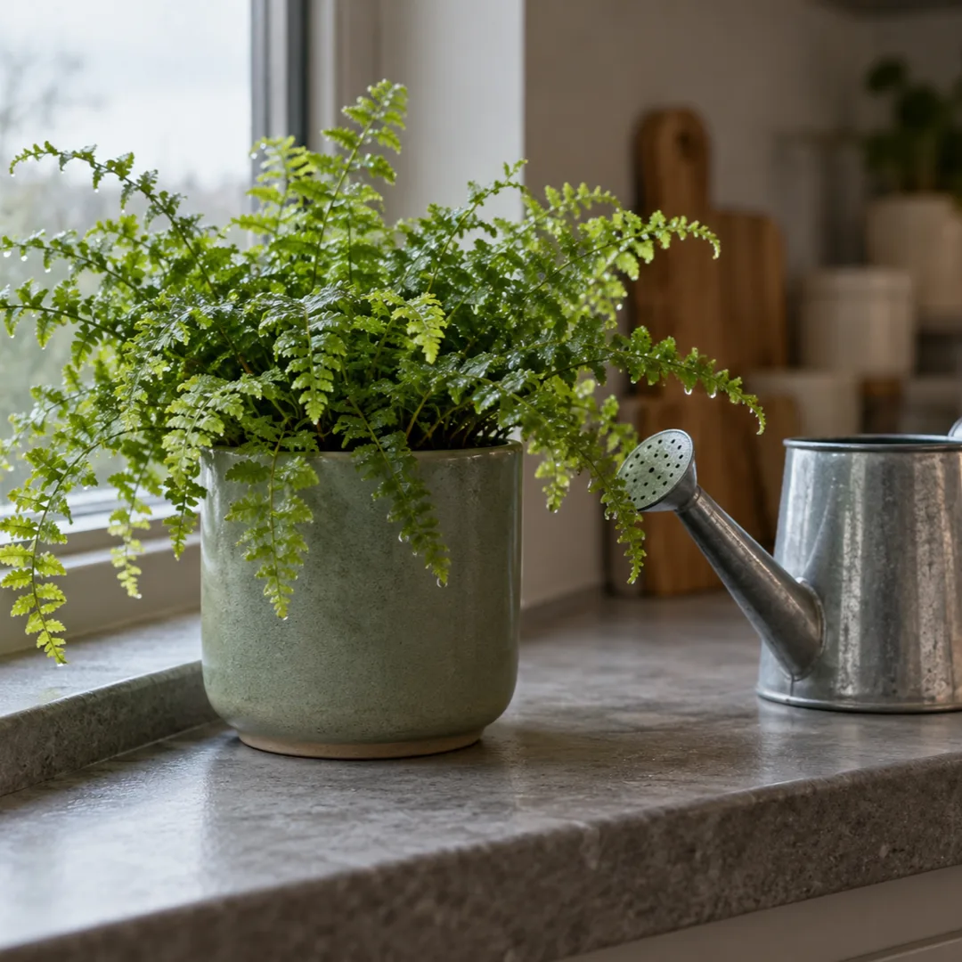 A small fern and a metal watering can sit on a stone-grey kitchen windowsill in soft cloudy daylight.