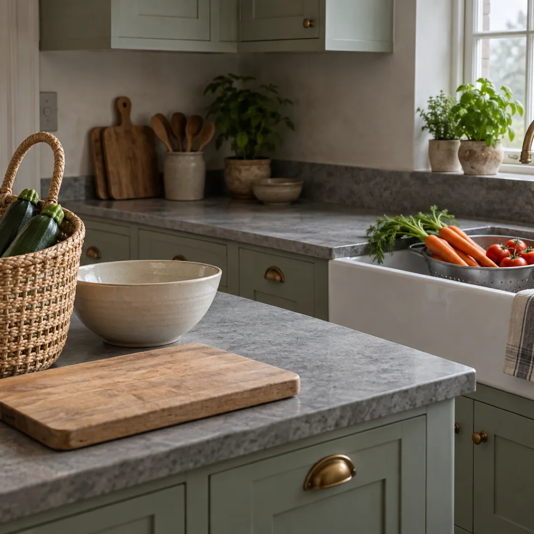 Fresh groceries sit in an open basket beside a sink, with vegetables in a colander and a cutting board nearby.