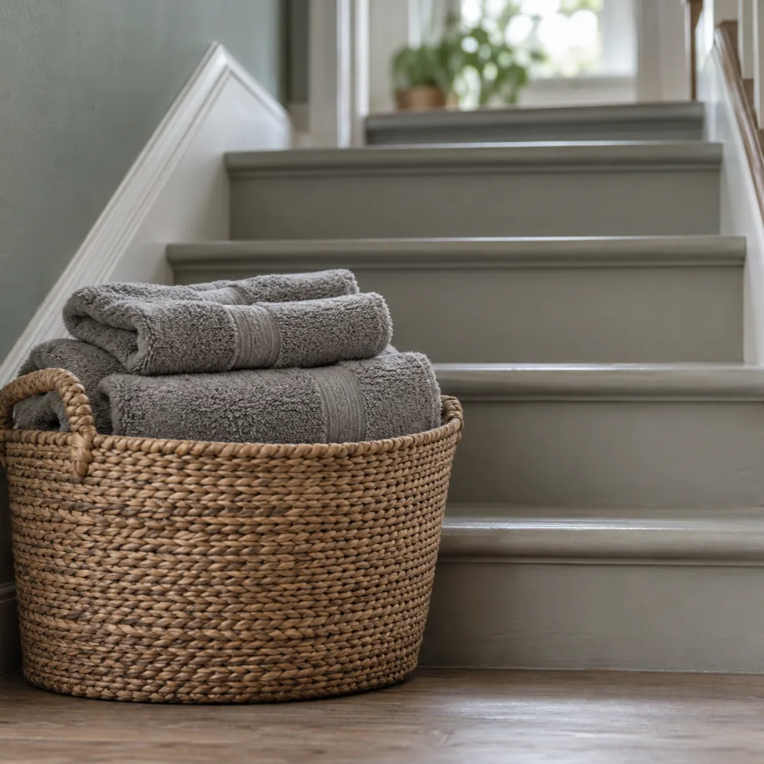 A basket of folded grey towels rests at the foot of a staircase beside a muted sage wall.