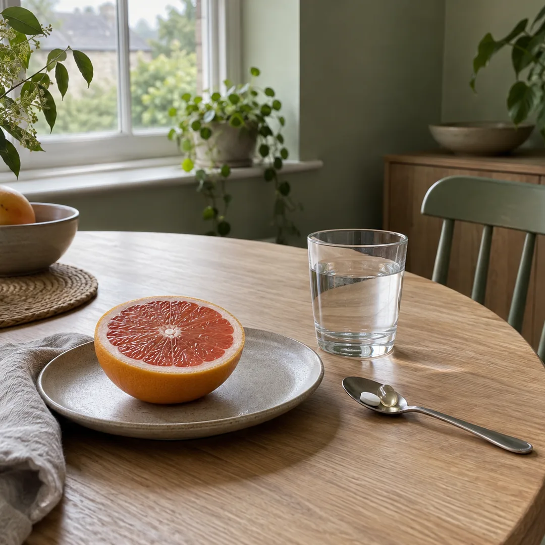 A halved grapefruit, a spoon holding a tablet and capsule, and a glass of water sit on a dining table.