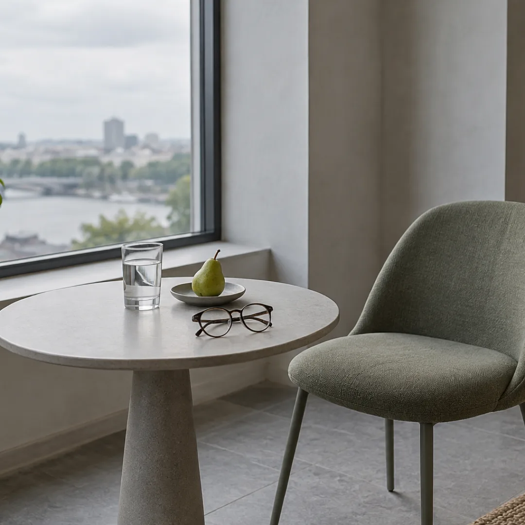 Glasses, a green pear and a glass of water sit on a small grey table beside an empty sage chair in an office.