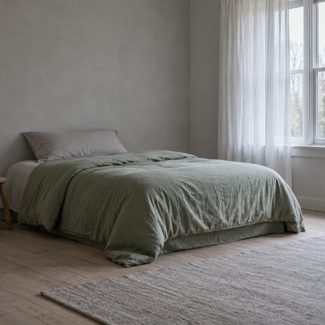 A bed with a folded sage duvet and grey pillow stands beside a softly lit window in a quiet bedroom.