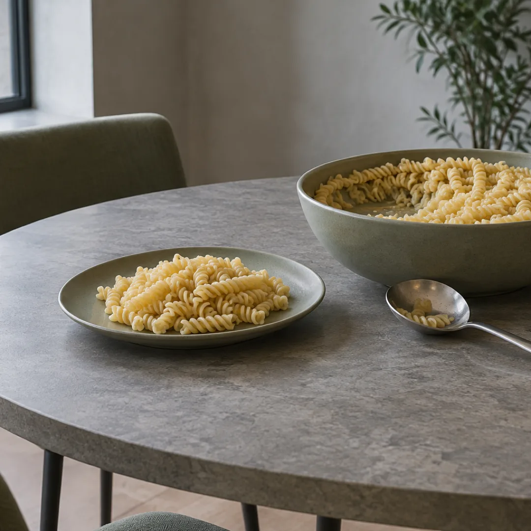 A plate of spiral pasta sits on a gray dining table, with a larger serving bowl of pasta behind it.