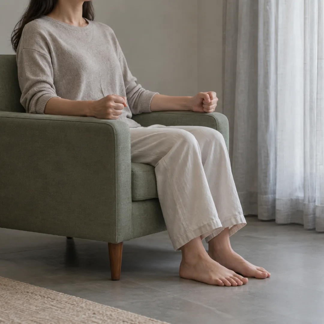 An adult sits in a sage armchair with hands gently clenched and bare feet resting flat on the floor.