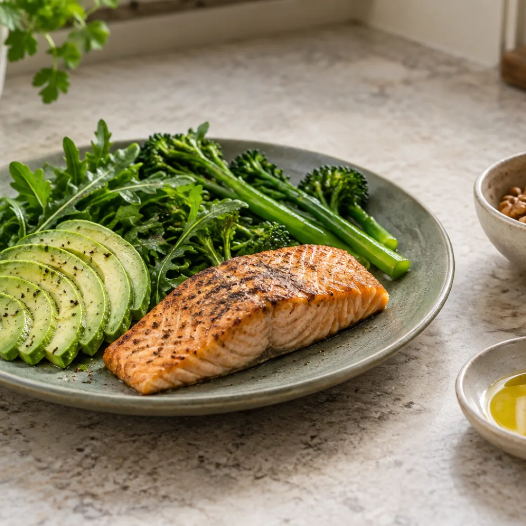 Salmon, avocado and green vegetables on a sage plate, with small bowls of walnuts and olive oil beside it.