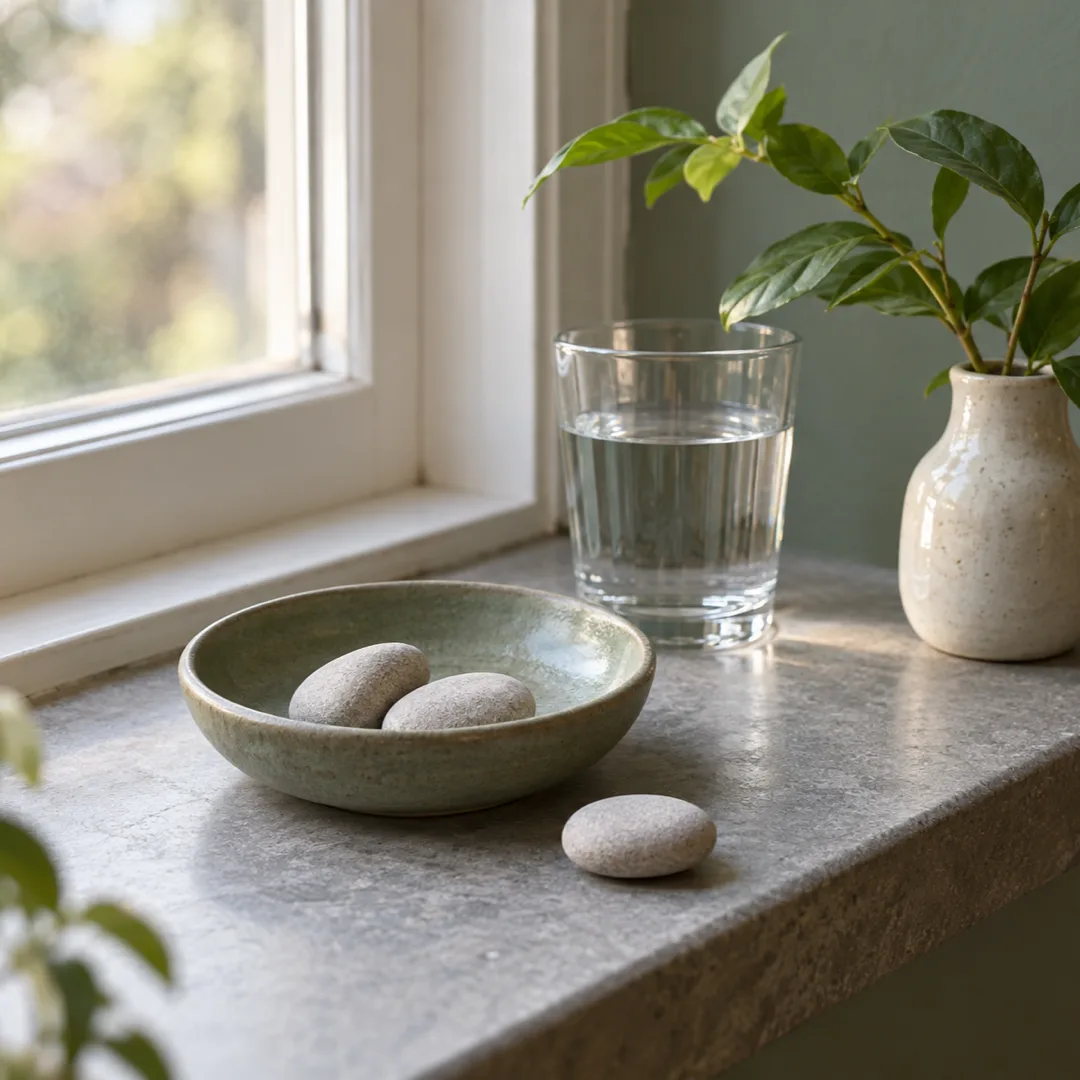 A sage dish with two smooth pebbles sits beside a loose pebble, a glass of water and a leafy cutting on a windowsill.