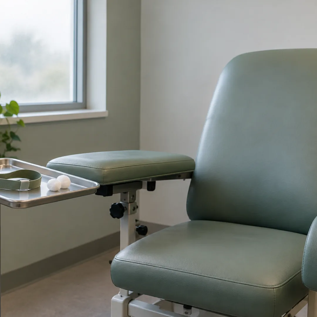 An empty sage-green blood-testing chair stands beside a metal tray holding a tourniquet and cotton balls.