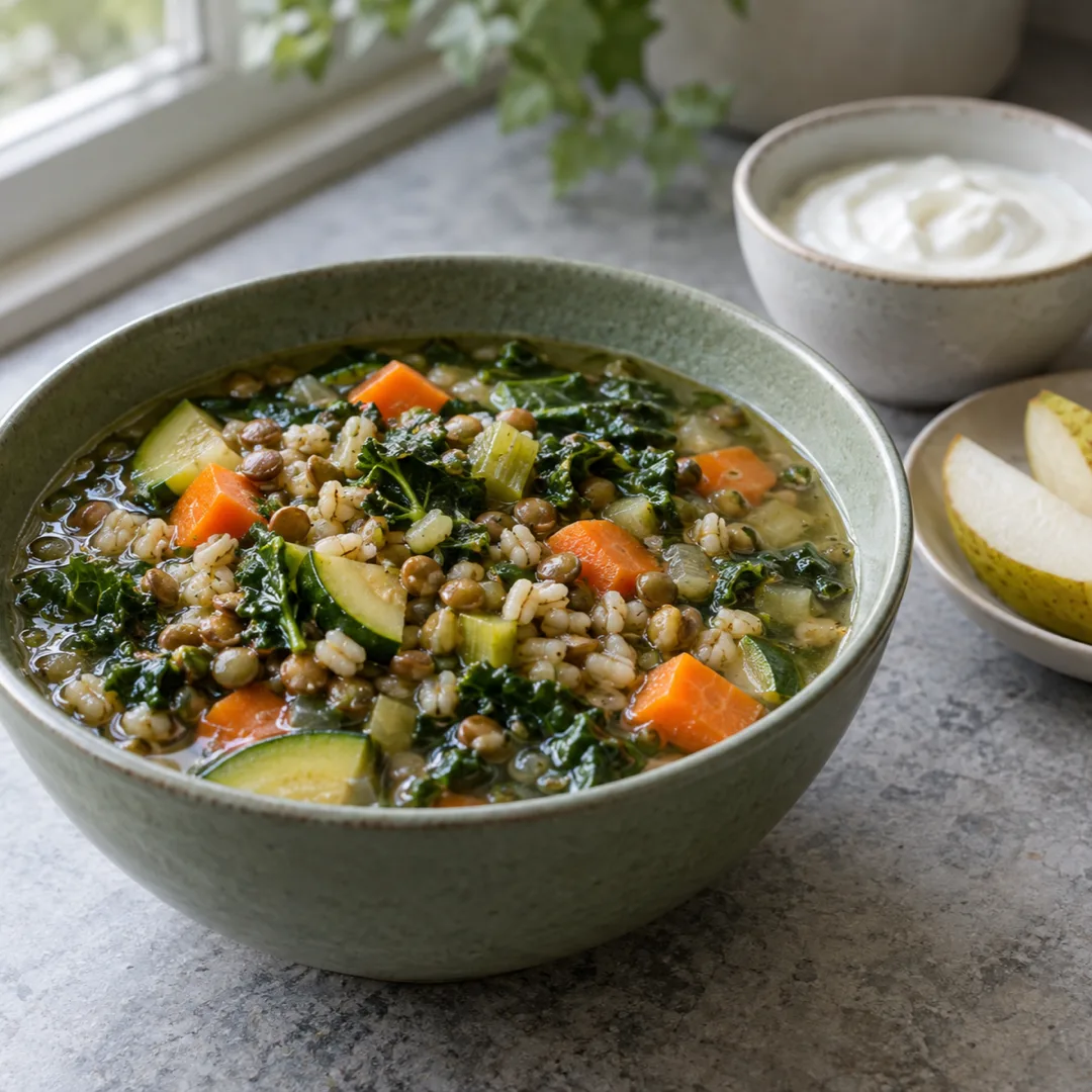 A sage-green bowl of lentil, barley and vegetable soup sits beside sliced pear and plain yogurt.