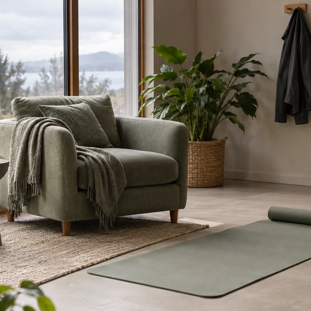 A sage armchair and exercise mat sit by a window, with a glass of water nearby and a work jacket hanging behind.