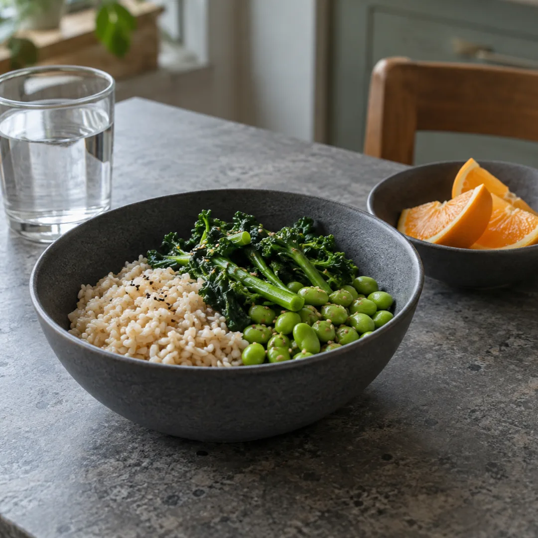 A bowl of rice, greens and edamame sits beside sliced orange and a glass of water on a grey kitchen table.
