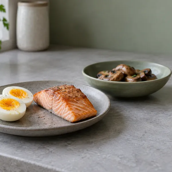 A stone-grey plate with an egg and salmon sits beside a sage-green bowl of mushrooms on a kitchen counter.