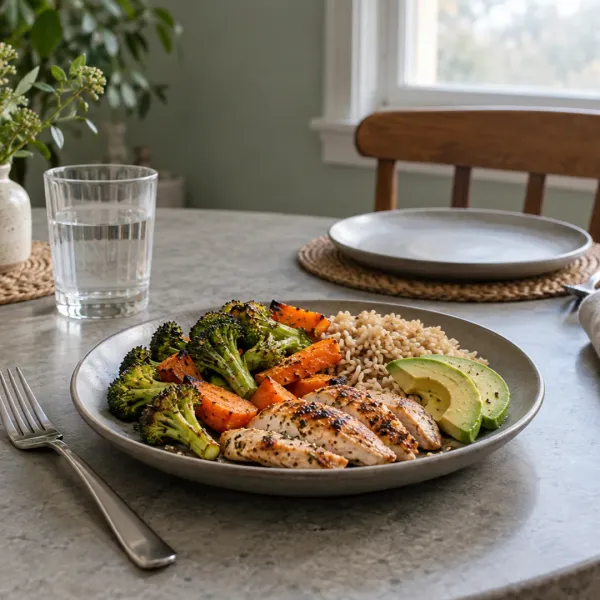 A plate of chicken, brown rice, vegetables and avocado sits beside a fork on a grey dining table.