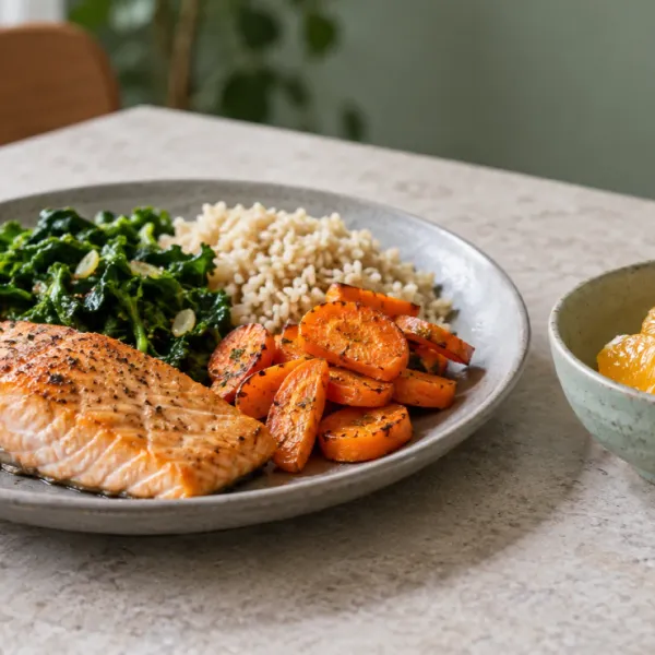 Salmon, leafy greens, carrots and brown rice on a grey plate beside a sage bowl of orange segments and almonds.