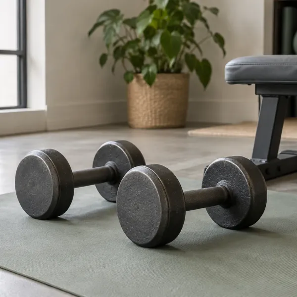 Two cast-iron dumbbells rest on a sage exercise mat beside a gray workout bench in soft window light.