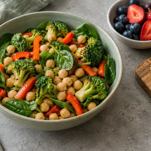 A bowl of leafy greens, colorful vegetables and chickpeas sits beside berries and walnuts on a kitchen counter.