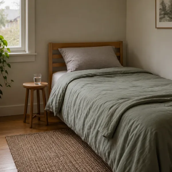 A neatly made bed with sage bedding stands beside a wooden stool holding a glass of water in a softly lit bedroom.