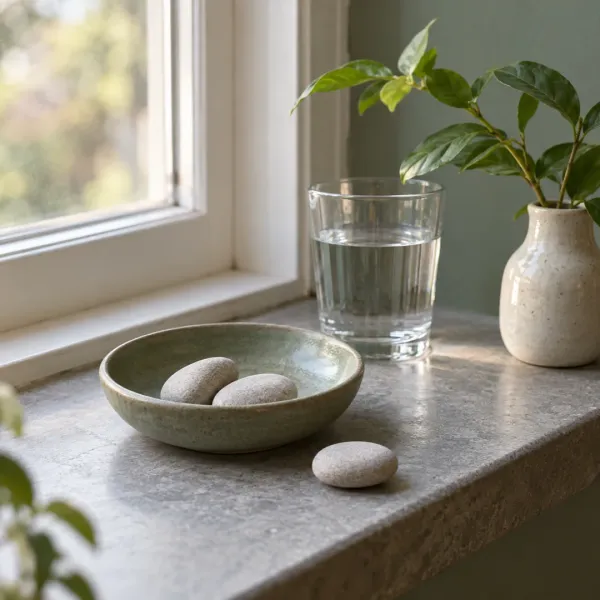 A sage dish with two smooth pebbles sits beside a loose pebble, a glass of water and a leafy cutting on a windowsill.